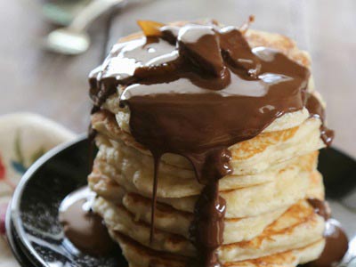 Buttermilk Pancakes with Chocolate Truffle Syrup and Candied Pears